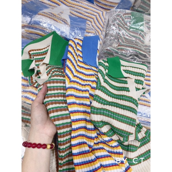 ÁO LEN TĂM XANH KẺ CỔ ĐỨC TAY CỘC DÁNG ÔM CO GIÃN MS11662