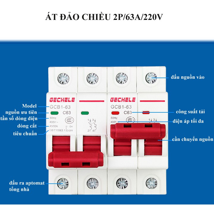 Át đảo chiều 2P 63A Gechele, cầu dao đảo chiều