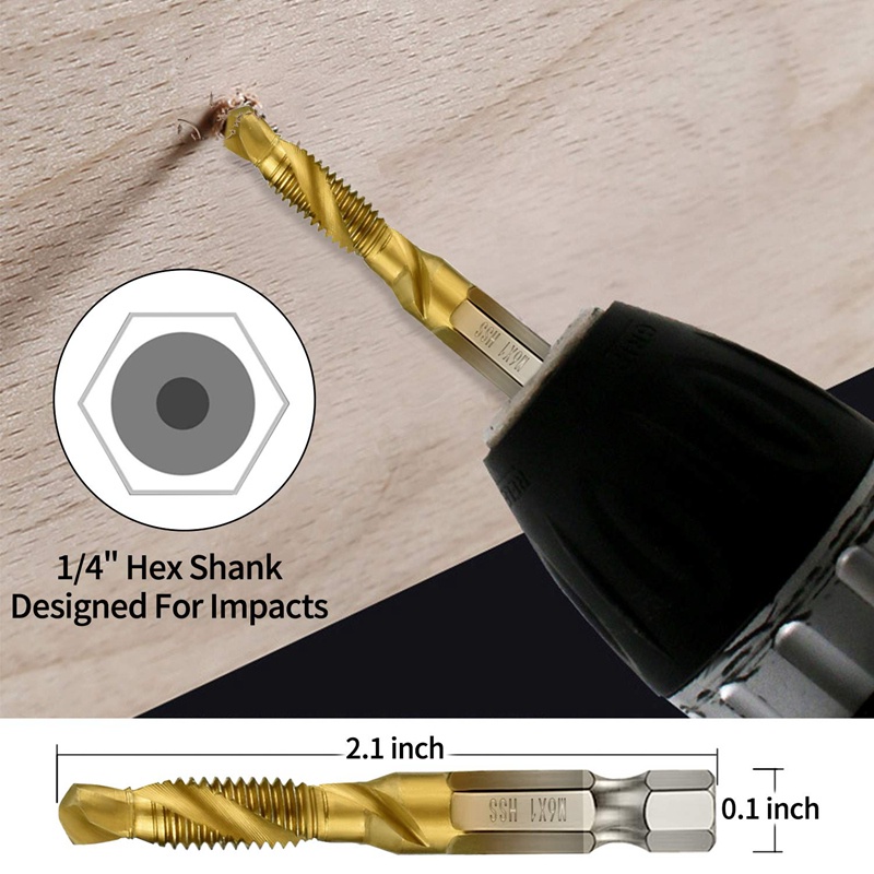 7Pcs 1/4Inch Hex Shank Titanium Combination Drill and Tap Set Metric Thread HSS M3-M10 Screw Tapping Bit Tool