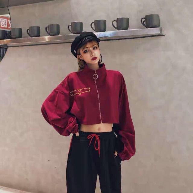 Áo khoác hoodie dáng ngắn croptop đỏ đô tay phối nhung hoạ tiết thêu