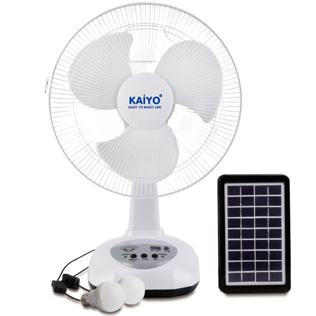 Quạt Sạc Tích Điện Kaiyo- Thời Gian Sử Dụng 8-9 Tiếng, Tặng Đèn Bóng Đèn, USB và Pin Sạc Năng Lượng Mặt Trời