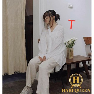Sét áo sơ mi cổ bẻ + quần kaki trắng HARIQUEEN