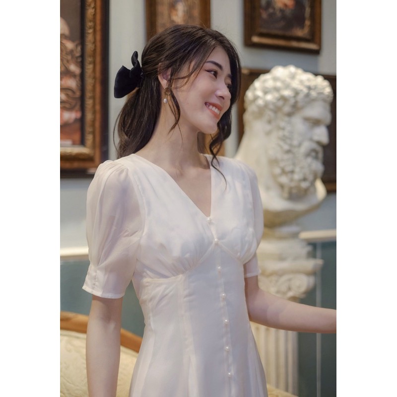Đầm trơn cúc ngọc, Vải Tơ Ánh Nến mềm mịn, màu Trắng Kem [AMIE DRESS]