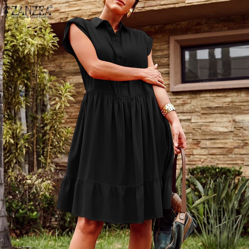 Đầm Zanzea dáng chữ A ngắn tay cổ bẻ phong cách châu Âu quyến rũ dành cho nữ