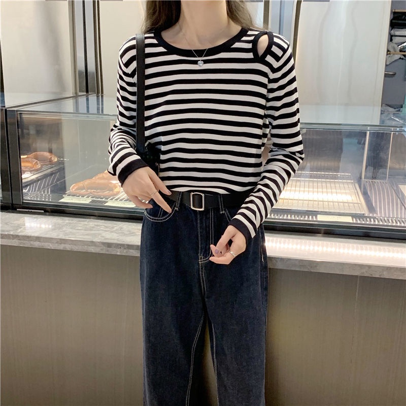 Áo Sweater Tay Dài Dáng Rộng Họa Tiết Kẻ Sọc Phong Cách Phương Tây Thời Trang Mùa Thu Cho Nữ