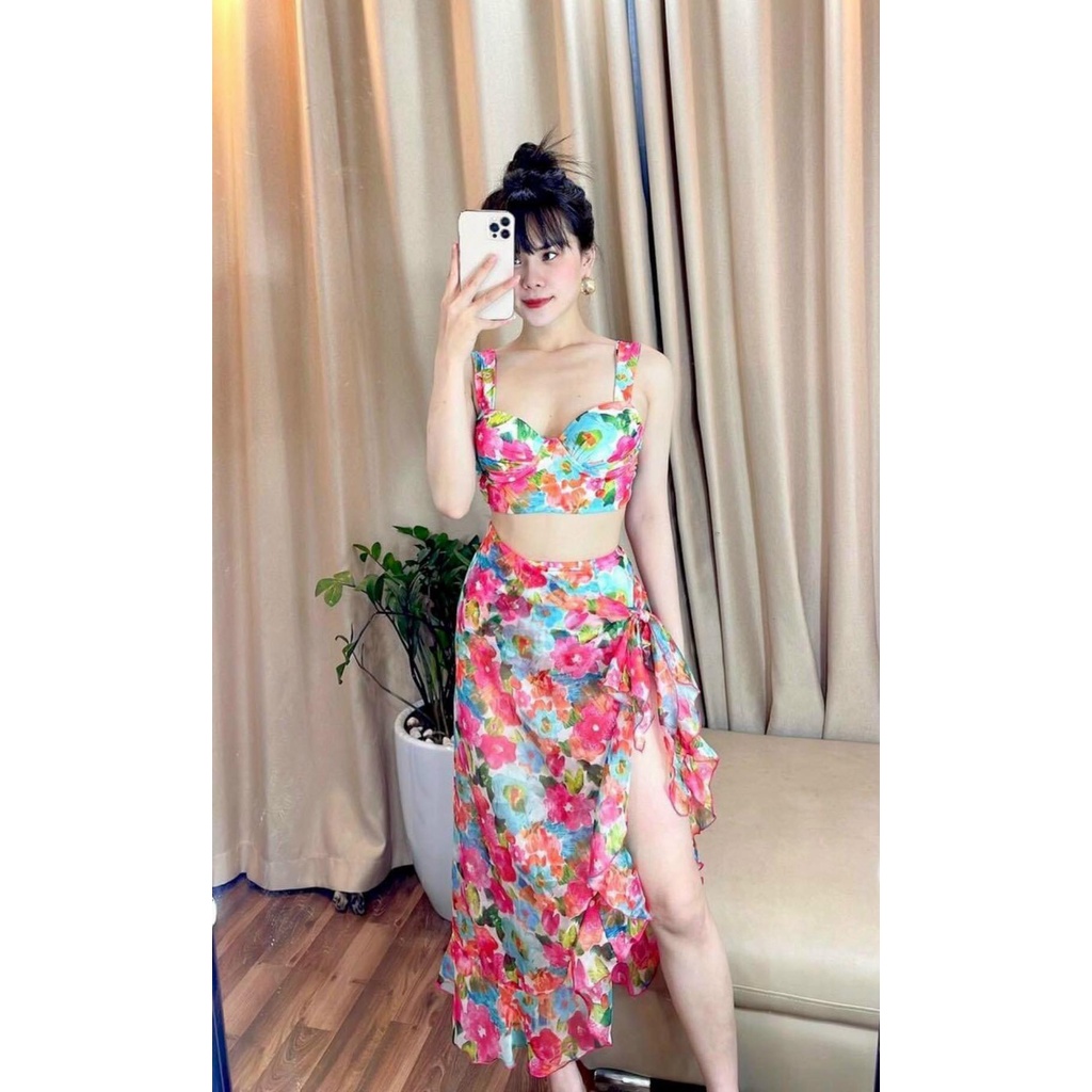 Set Bikini hoa tím nên xanh kèm khăn quấn cao cấp