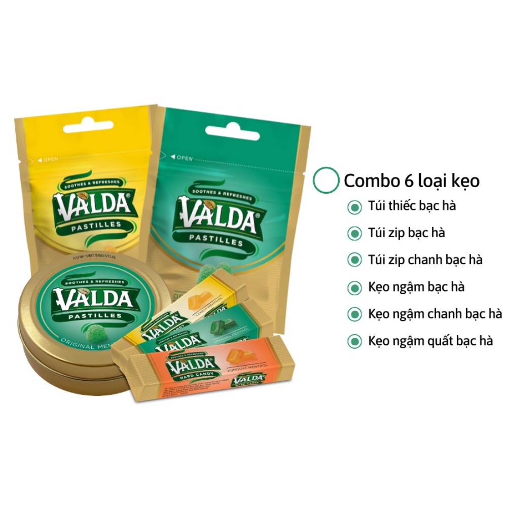 Combo 1 hộp kẹo ngậm Valda 50 viên/hộp và 3 gói kẹo dẻo Valda 20 viên/gói và 3 thanh kẹo Valda Hardy các vị