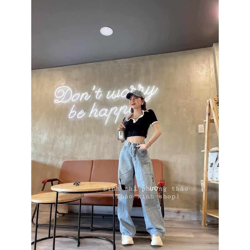 Quần baggy jeans ống rộng lưng cao rách gối | BigBuy360 - bigbuy360.vn