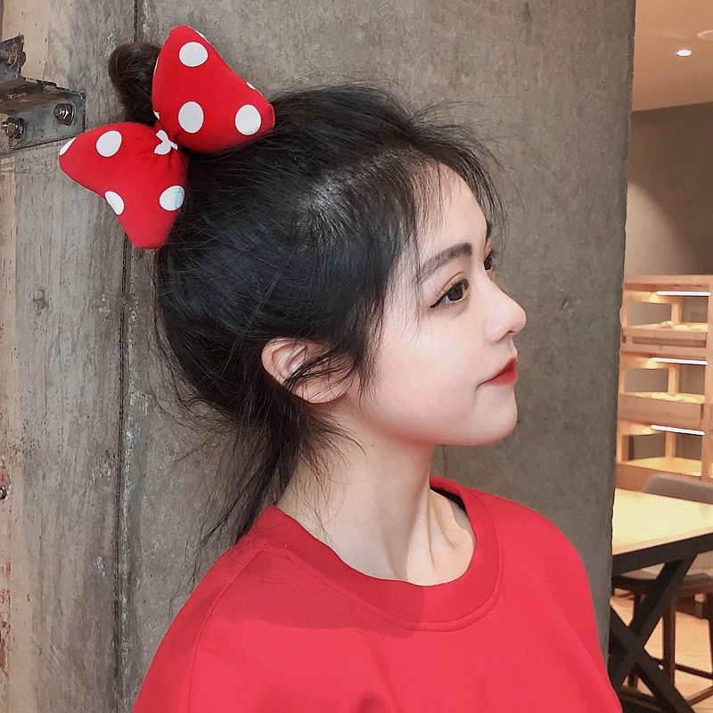 Dây buộc tóc thiết kế nơ đỏ chấm bi theo phong cách chuột Mickey cho nữ