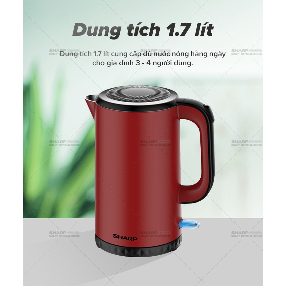 [Mã ELBAU10 giảm 10% đơn 500K]Bình đun siêu tốc Sharp 1.7 lít EKJ-17EVPS-RD, Chế Độ An Toàn Tự Tắt Khi Sôi