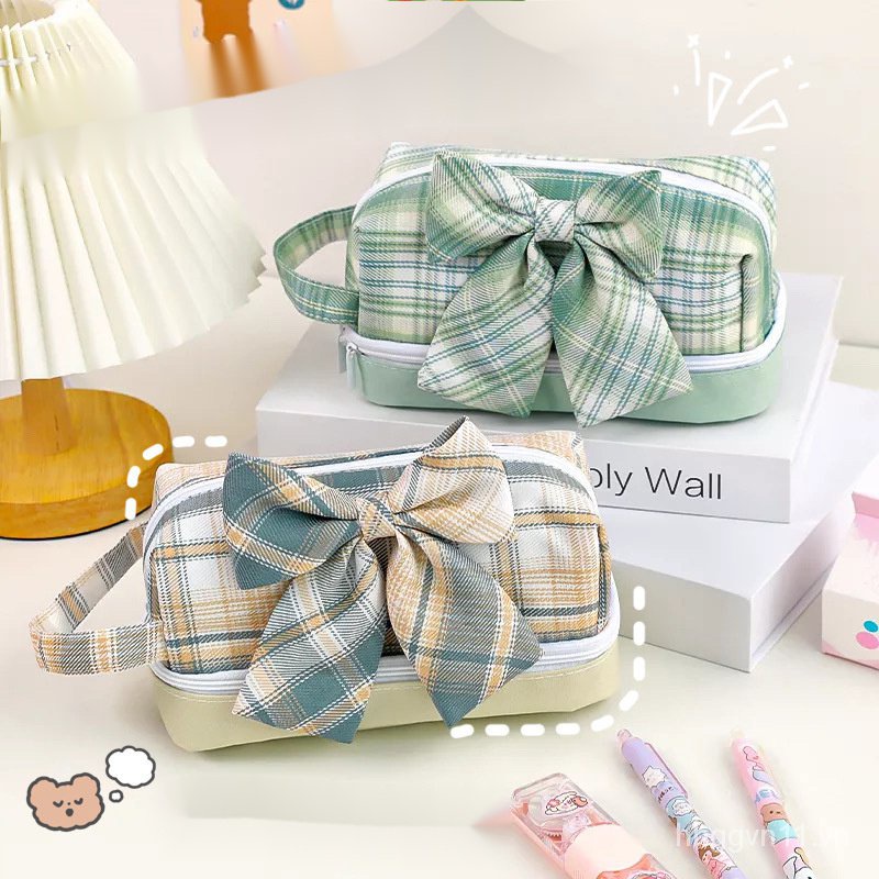 Túi đựng bút/ mỹ phẩm để bàn cỡ lớn đính nơ xinh xắn cho học sinh