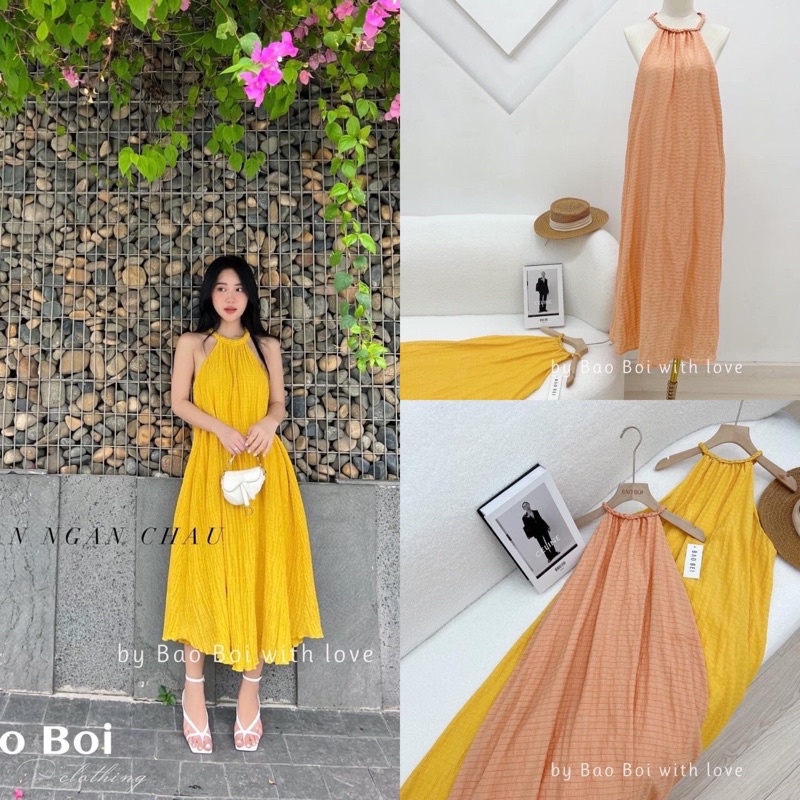 Maxi cổ yếm xanh bơ hồng mẹ con kèm hoa trà váy hồng chất xốp nhăn mềm mát vô cùng | BigBuy360 - bigbuy360.vn