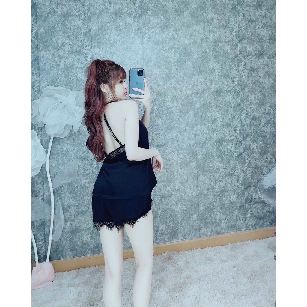 Đồ ngủ yếm phối ren, chất liệu lụa satin cao cấp mềm mại, kèm quần đùi ren gợi cảm, freesize dưới 65kg- SHOP HUYỀN TRANG