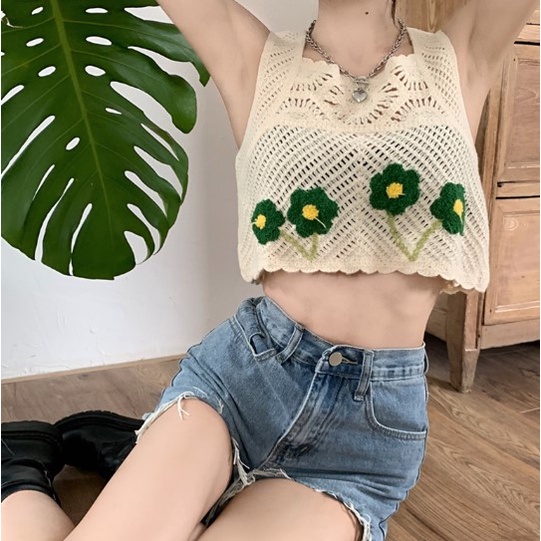 Áo len 3 lỗ mỏng nữ tiểu thư A8401 Áo Croptop 2 dây dệt kim thêu hoa thời trang Hàn Quốc siêu xinh ngọt ngào - CHAKOVET