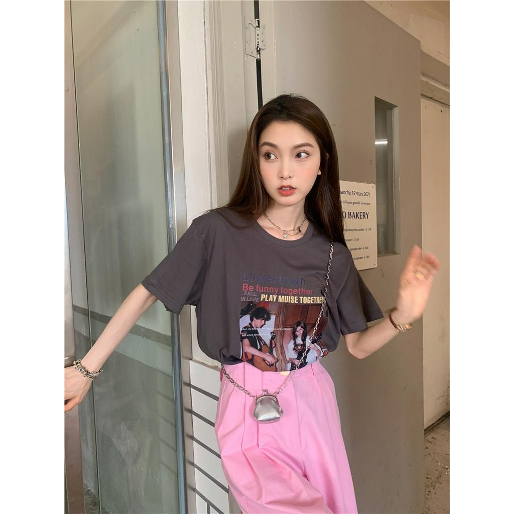 Áo Thun Cotton Dáng Rộng Ngắn Tay In Hình Phong Cách Retro Cá Tính 63656