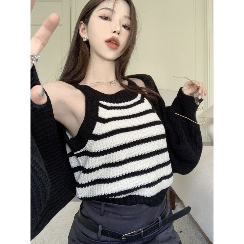 Áo Sweater Dệt Kim Tay Dài Dáng Ngắn Thời Trang Mùa Thu Cho Nữ