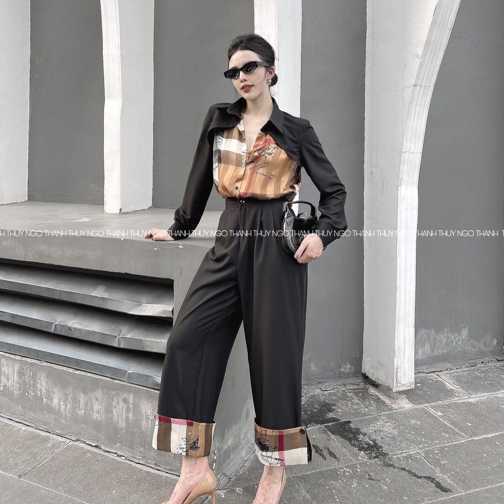 Set Áo Sơ Mi Phối Quần Suông THUYNGOTHANH áo sơ mi đen mix kẻ, quần suông gấp gấu