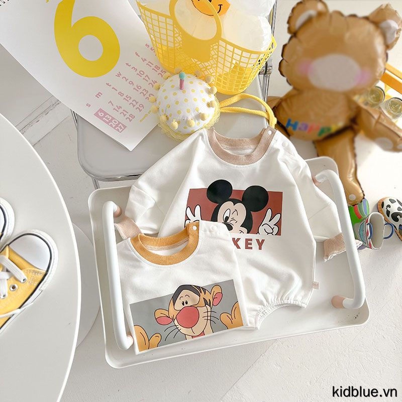 Bộ Áo Liền Quần Tam Giác Tay Dài Chất Cotton In Họa Tiết Hoạt Hình Dễ Thương Cho Bé