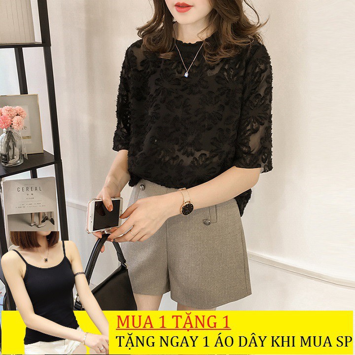 Áo voan nữ công sở tay lỡ hoa nổi dịu dàng thiết kế không may viền tặng áo 2 dây