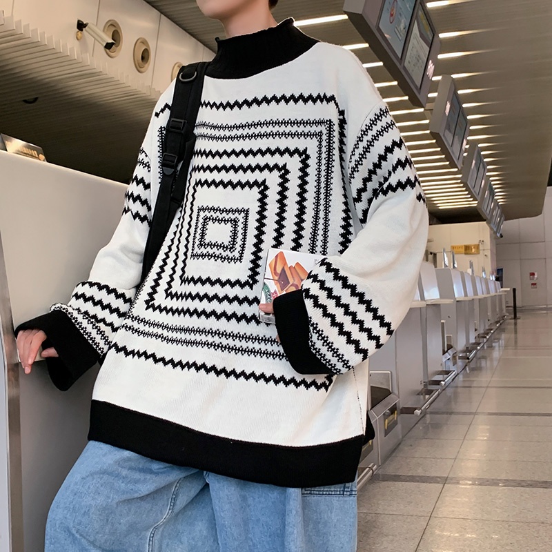 Áo sweater dệt kim tay dài cổ tròn dáng rộng in họa tiết hình học phong cách Nhật Bản thời trang đường phố cho nam size M-2XL