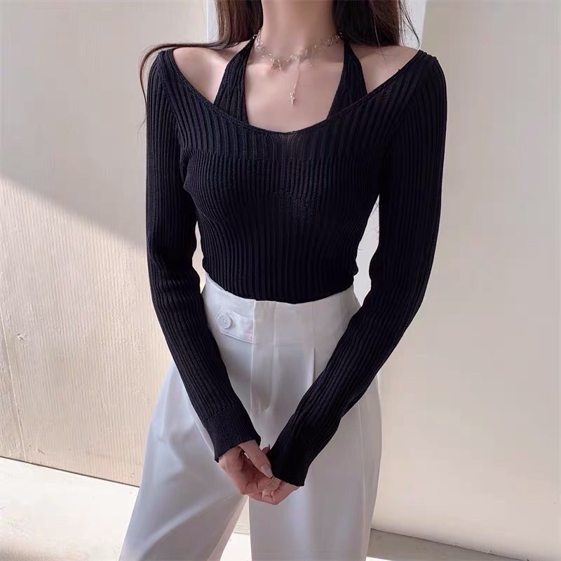 Áo crop top len dệt kim hở vai dáng ngắn tay dài co giãn trễ vai cổ ngang chữ V đan dây áo croptop len tăm ôm body crt | BigBuy360 - bigbuy360.vn