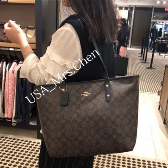 Túi tote dây kéo COACH, giấy mua hàng chính hãng F58292 girl shop bag mummy bag