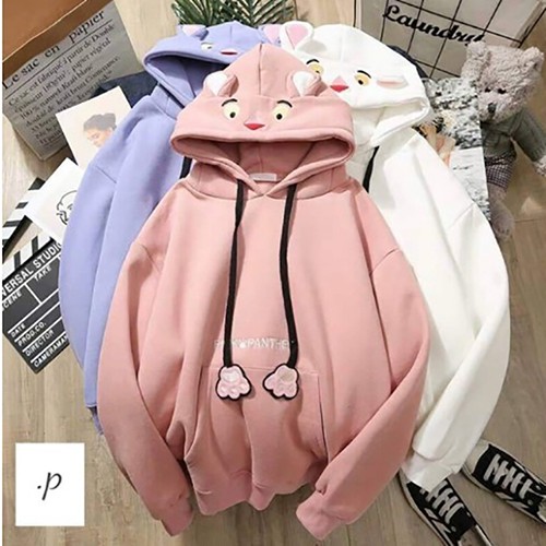 [FREESHIP ] Áo hoodie lót nỉ siêu cute cho nữ in hình mèo tai thỏ đáng yêu freesize