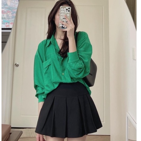 Áo sơ mi đũi xanh lá túi ngực dài tay dạo phố nữ - Shirt công sở cổ V chất đũi mát lạnh ulzzang tiểu thư