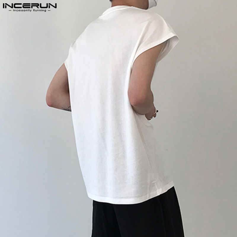 Áo thun INCERUN màu trơn cổ tròn dáng rộng đơn giản thời trang nam