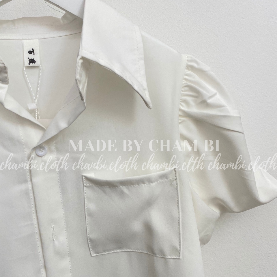 Áo sơ mi xinh A.323, Áo sơ mi trắng trơn cổ nhọn tay bồng dáng ngắn túi ngực thanh lịch - Thời trang nữ Chấm Bi