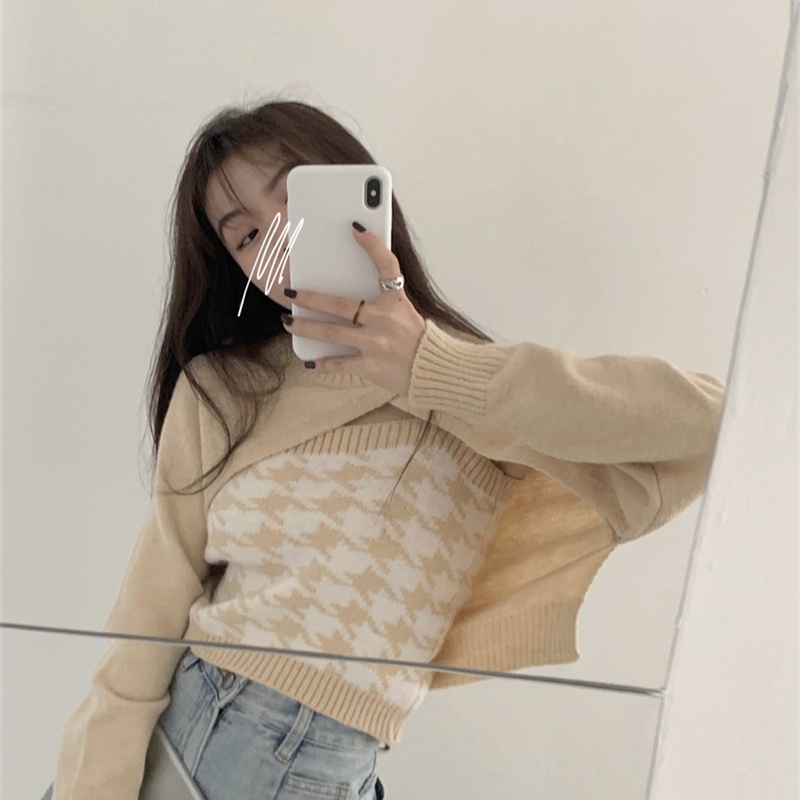 Xiaozhainv  Áo len hai dây họa tiết sọc caro phong cách retro Hàn Quốc cho nữ