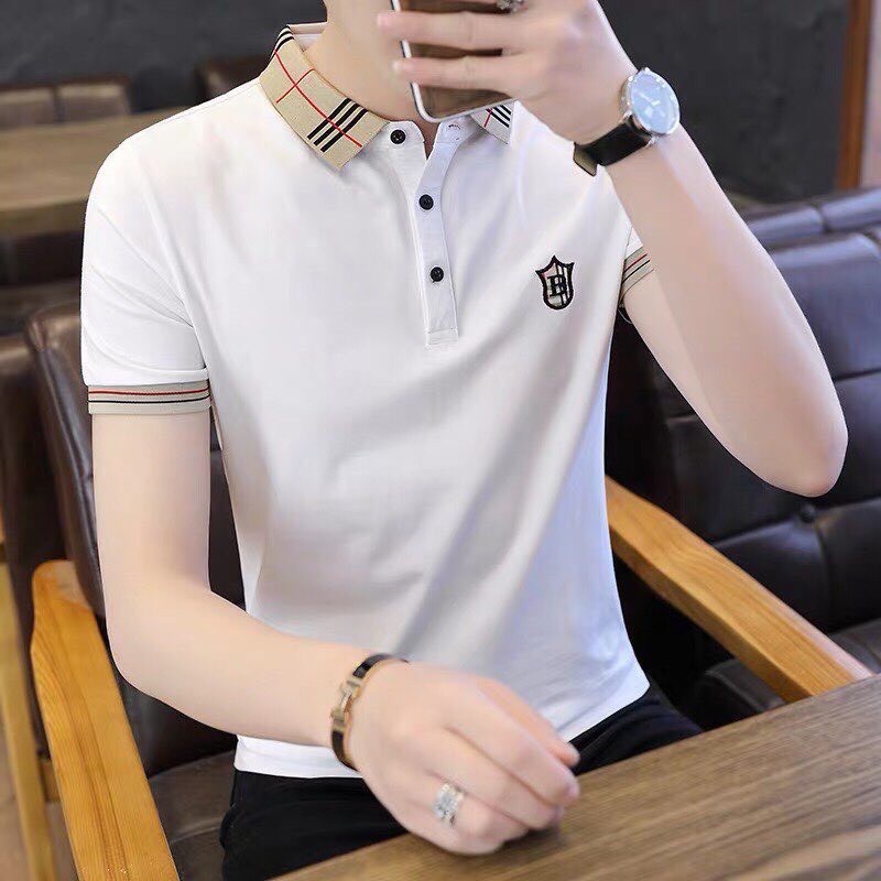 ÁO THUN NAM, ÁO PHÔNG CỔ BẺ,CỔ TRỤ TAY NGẮN TRẮNG ĐEN IN THÊU LOGO COTTON 100% FORM ÔM CAO CẤP