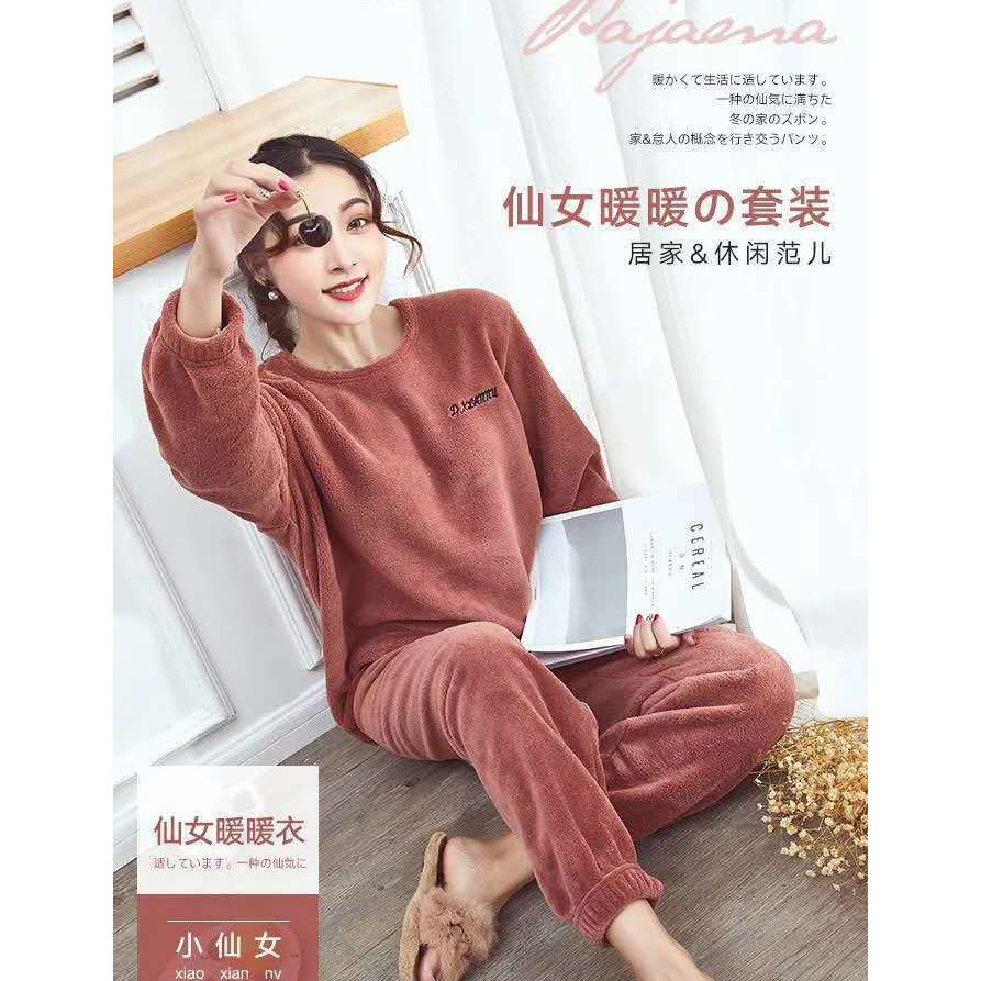 Đồ bộ nữ nỉ lông D Studio thêu chữ bộ bông mặc ở nhà mùa đông siêu ấm giữ nhiệt
