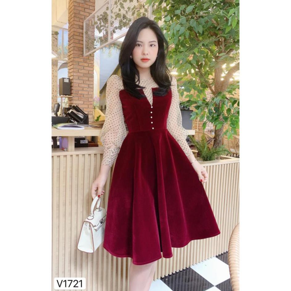 Váy nhung đỏ tay phối ren V1721 - DVC Dolce Viva Colection Authentic ( Ảnh mẫu và ảnh trải sàn do shop tự chụp )