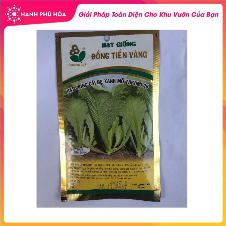 Hạt Giống Cải Bẹ Xanh Mỡ Takumi 26 Đồng Tiền Vàng 20g/Gói- Vị ngọt, Ăn Giòn, Sinh Trưởng Mạnh, Phát Triển Đồng Đều