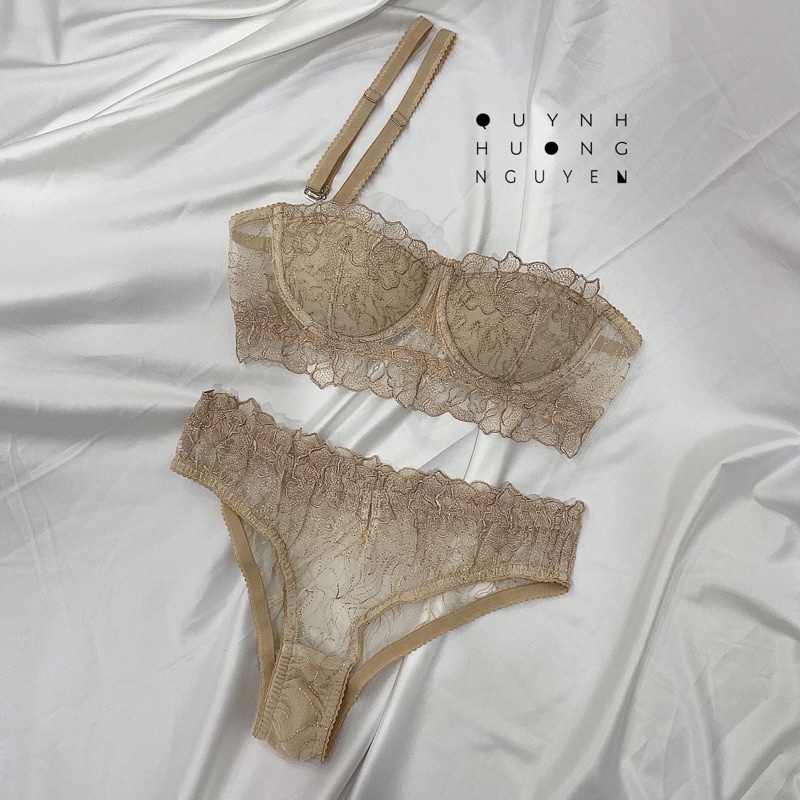 Set bra ren hoa thêu nhập khẩu cao cấp có gọng màu nude (tặng kèm mút)