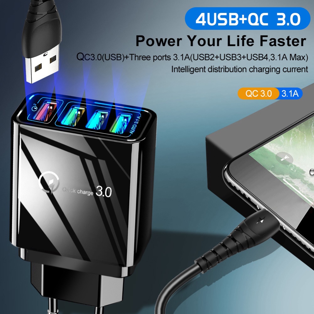 Trang chủ Du lịch 4 cổng USB QC 3.0 Bộ sạc nhanh treo tường AC cho máy tính bảng điện thoại