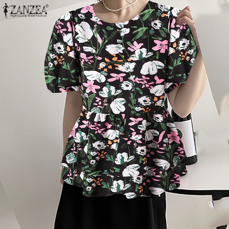 Áo ZANZEA tay phồng cổ tròn in họa tiết phong cách vintage dành cho nữ