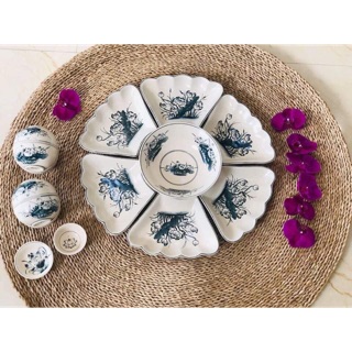 Set bát đĩa mâm tròn cúng gia tiên gốm sứ Bát Tràng men cổ hoạ tiết Sen