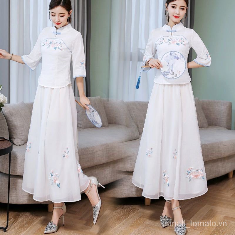 Single/Suit Summer New Women's Han Chinese Clothing Improved New Republic of China Style Vintage Plate Buttons Embroidered Cheongsam Suit