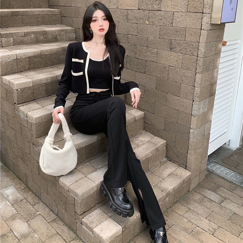 Knitwear Women's Short Long Sleeve Jacket 2021 Autumn New Coffee Temperament Cardigan Two-piece Top [Delivery within 15 Days]