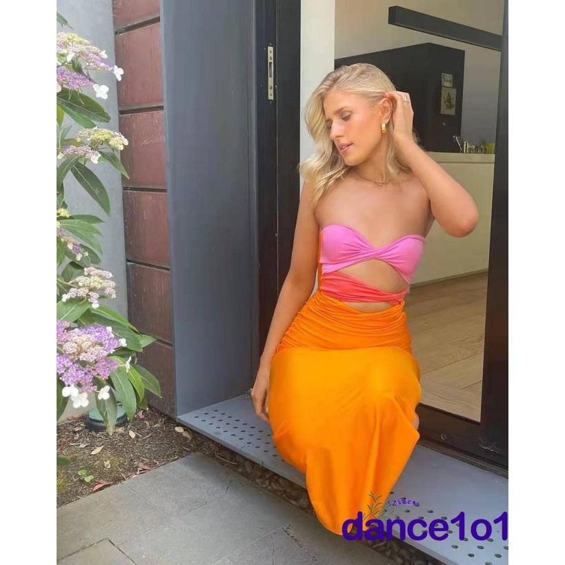 ◑Rl✿Đầm Midi Ôm Dáng Không Dây Màu Sắc Tương Phản Thời Trang Cho Nữ