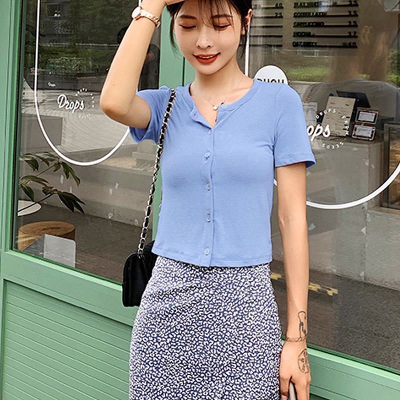 Áo Croptop Cúc Trước Nữ Madela Áo Thun Croptop Nữ Ngắn Tay Madela Khóa Cúc Dáng Ôm, Áo Thun Tay Ngắn
