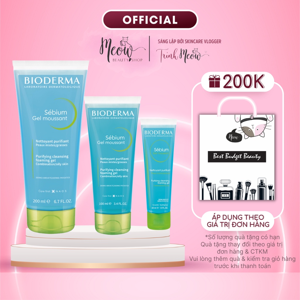 Gel rửa mặt Bioderma cho da dầu mụn nhạy cảm Sebium Purifying Cleansing Foaming Gel 100ml-200ml