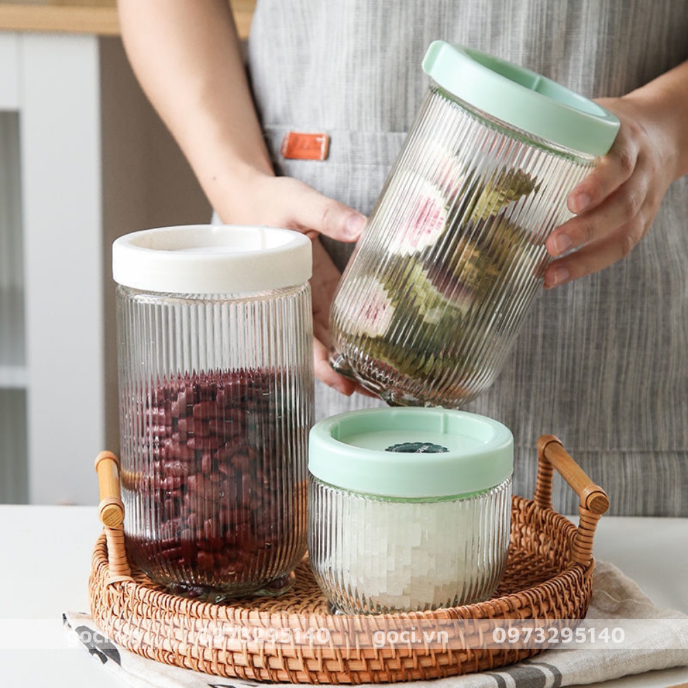 Lọ thủy tinh đựng thực phẩm vân sọc nắp kín hũ gia vị đồ khô nhà bếp chống ẩm mốc bảo quản nguyên liệu đồ ăn cao cấp