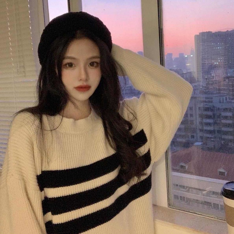 621578#Áo Sweater Dệt Kim Dày Dáng Rộng Họa Tiết Kẻ Sọc Thời Trang Thu Đông 2022 Mới Cho Nữ