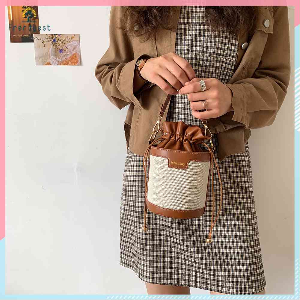 Túi Da Đeo Chéo Hình Trụ Nhỏ Dây Rút Phong Cách Vintage Thời Trang Cho Nữ