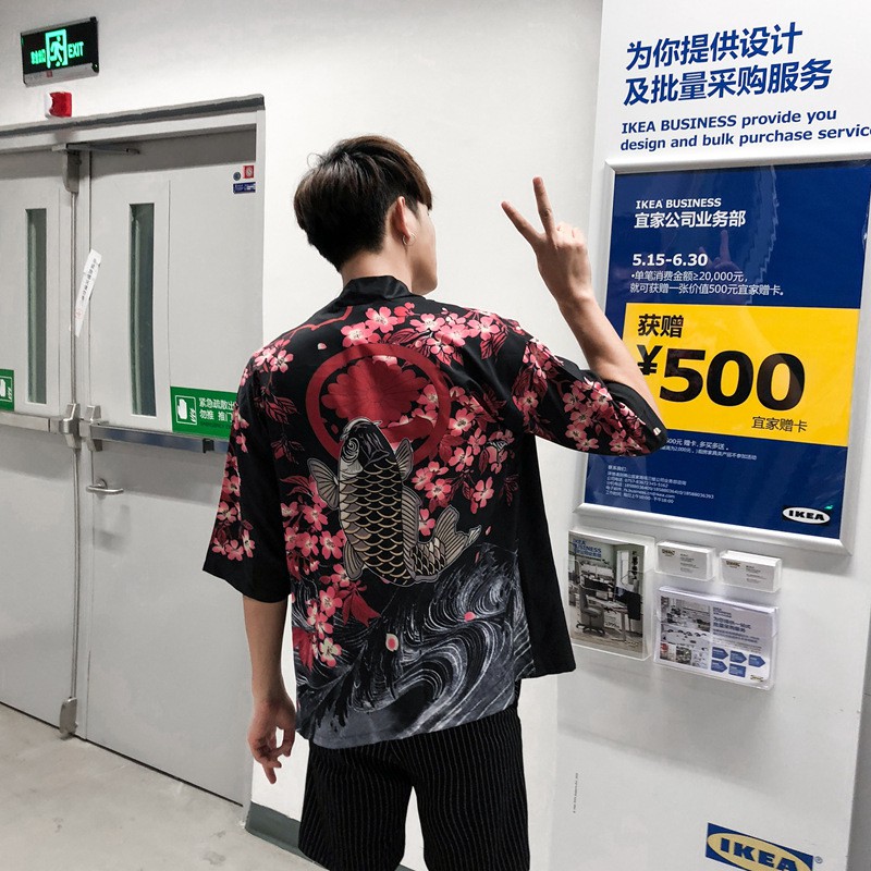 Áo khoác Kimono Haori phong cách Nhật Bản in hoạ tiết cá chép chất lụa mềm mịn, thoáng mát dễ phối đồ giá rẻ