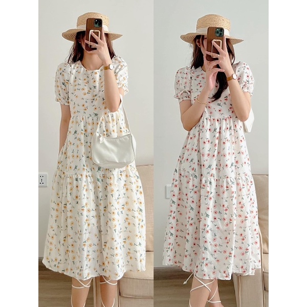 Váy babydoll hoa nhí tay bông, Đầm tiểu thư dáng dài đi chơi đi biển siêu xinh