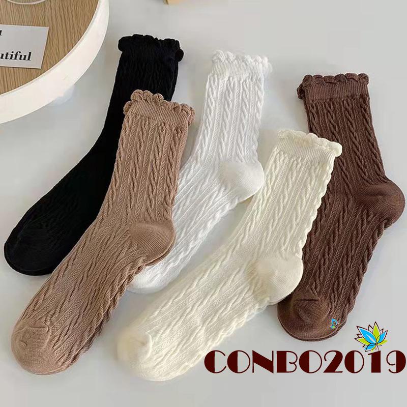 Đôi vớ cotton phối ren nhiều màu sắc trơn tùy chọn thời trang thu đông dành cho nữ